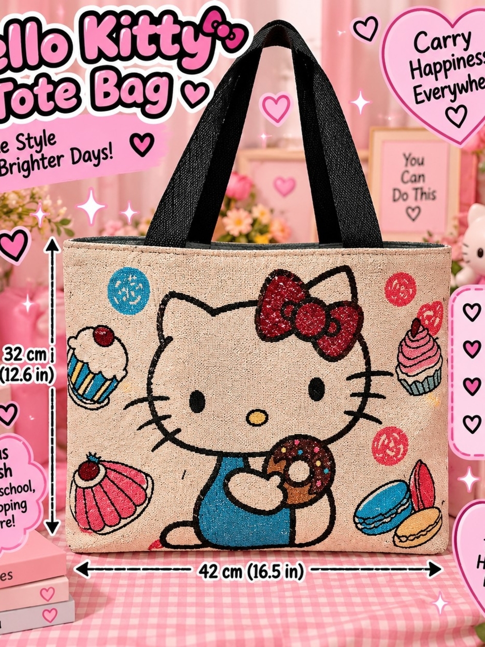 Hello Kitty Beige Tote with Black Handles and Red Bow